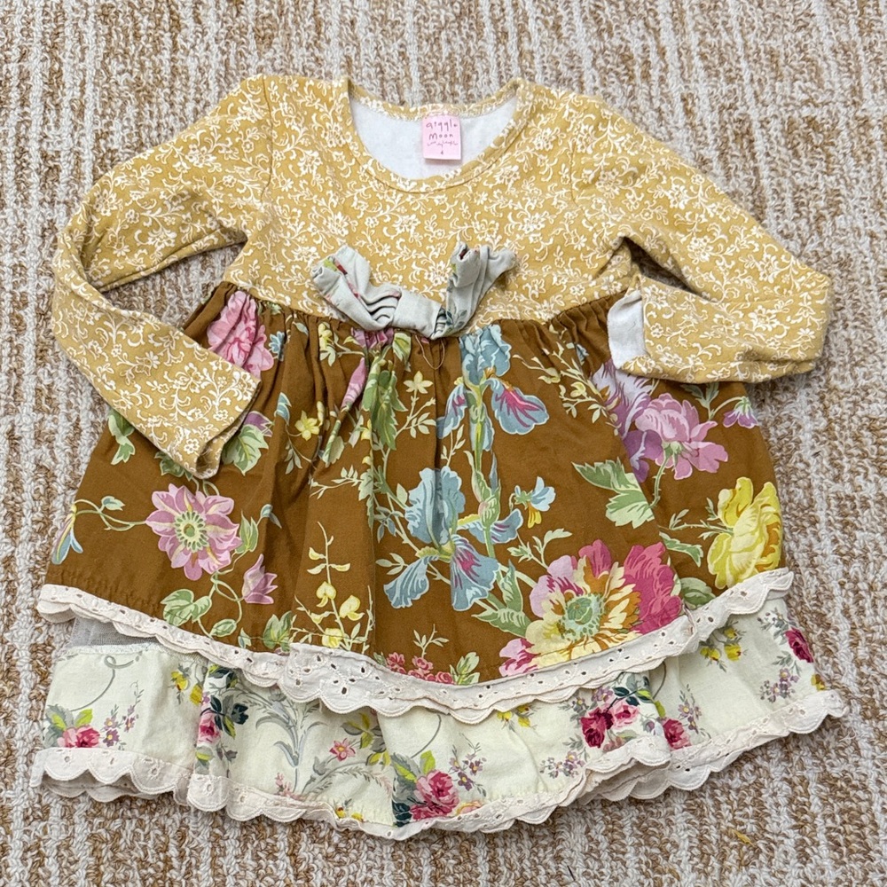 Giggle Moon Floral Girls Dress with Yellow and Brown Accents